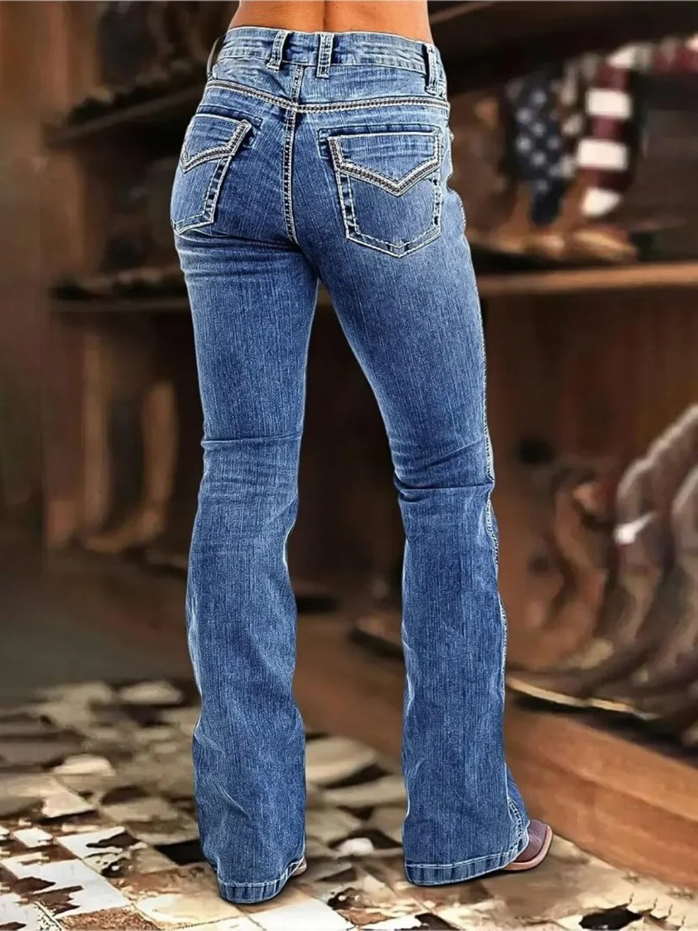 Women's Celestial Blue Pull On Mid Rise Flare Leg Zipper Lifting Bootcut Jeans